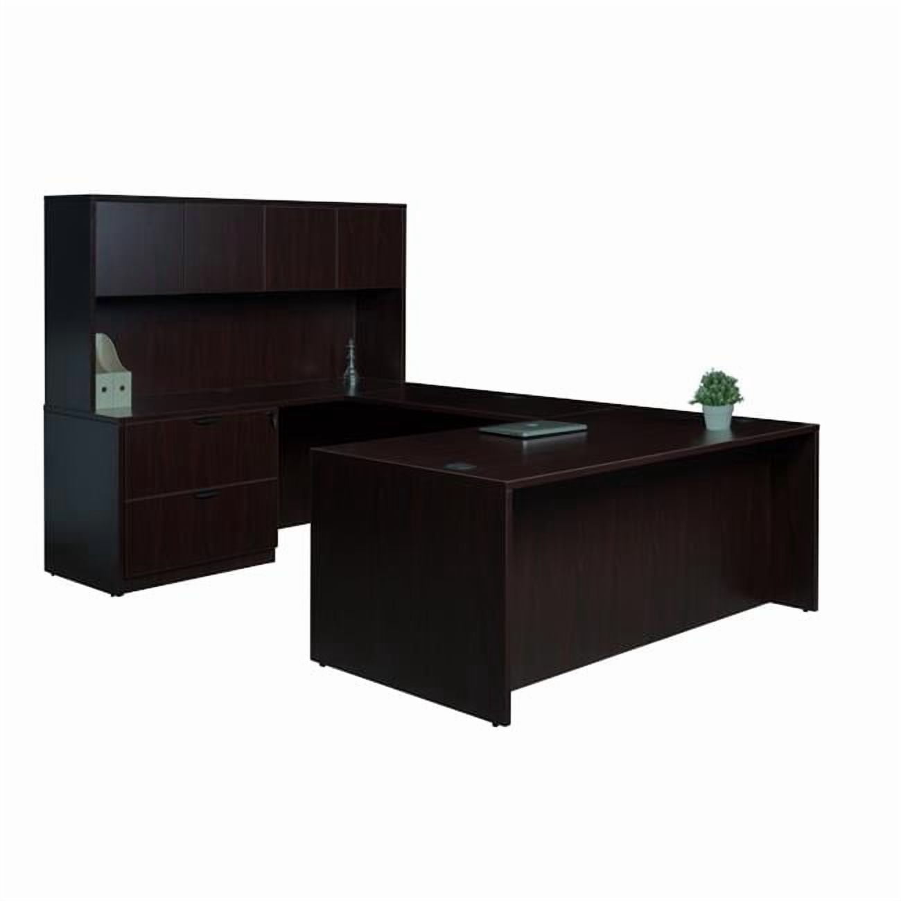 Boss Office Products Mocha 66 inch Executive U-Shape Desk with Lateral File Storage and Hutch