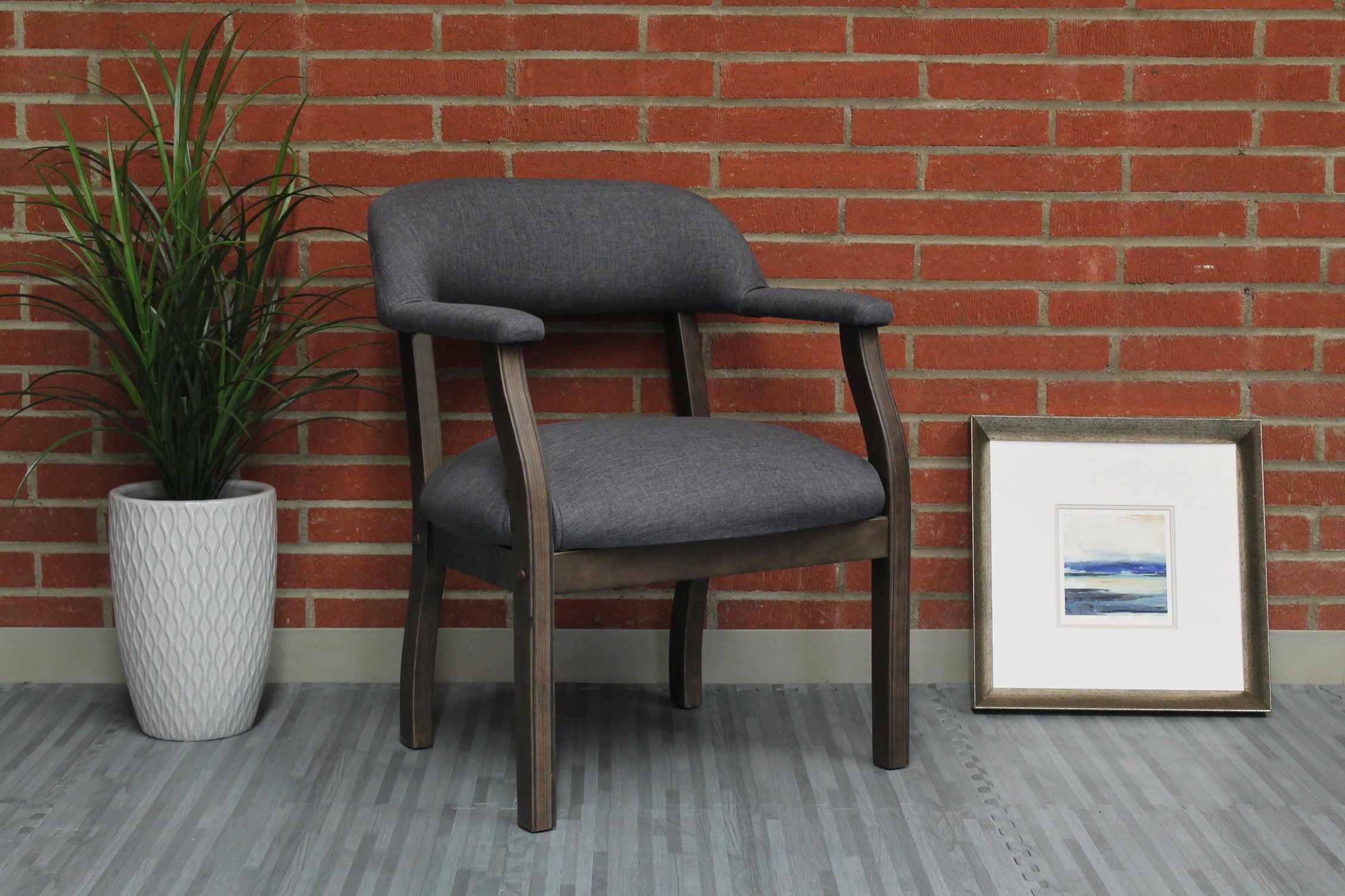 Slate Gray Linen Upholstered Arm Chair with Medium Wood Frame