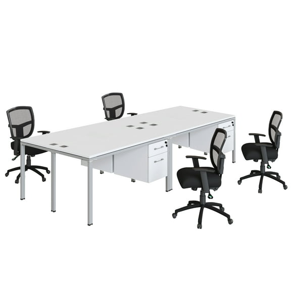 Boss Office Products Simple System 60" x 30" Quad Desks with (4) Pedestals, White