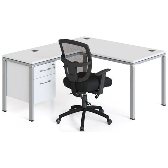 Boss Office Products Simple System Workstation L-Desk with Return & Pedestal, 29-1/2"H x 60"W x 65-7/16"D, White