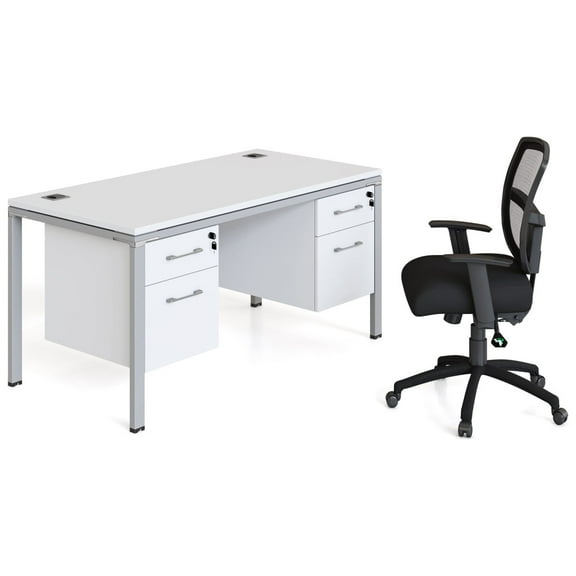 Boss Office Products Single Desk with (2) Pedestals, 60" x 30" Desk Top, White