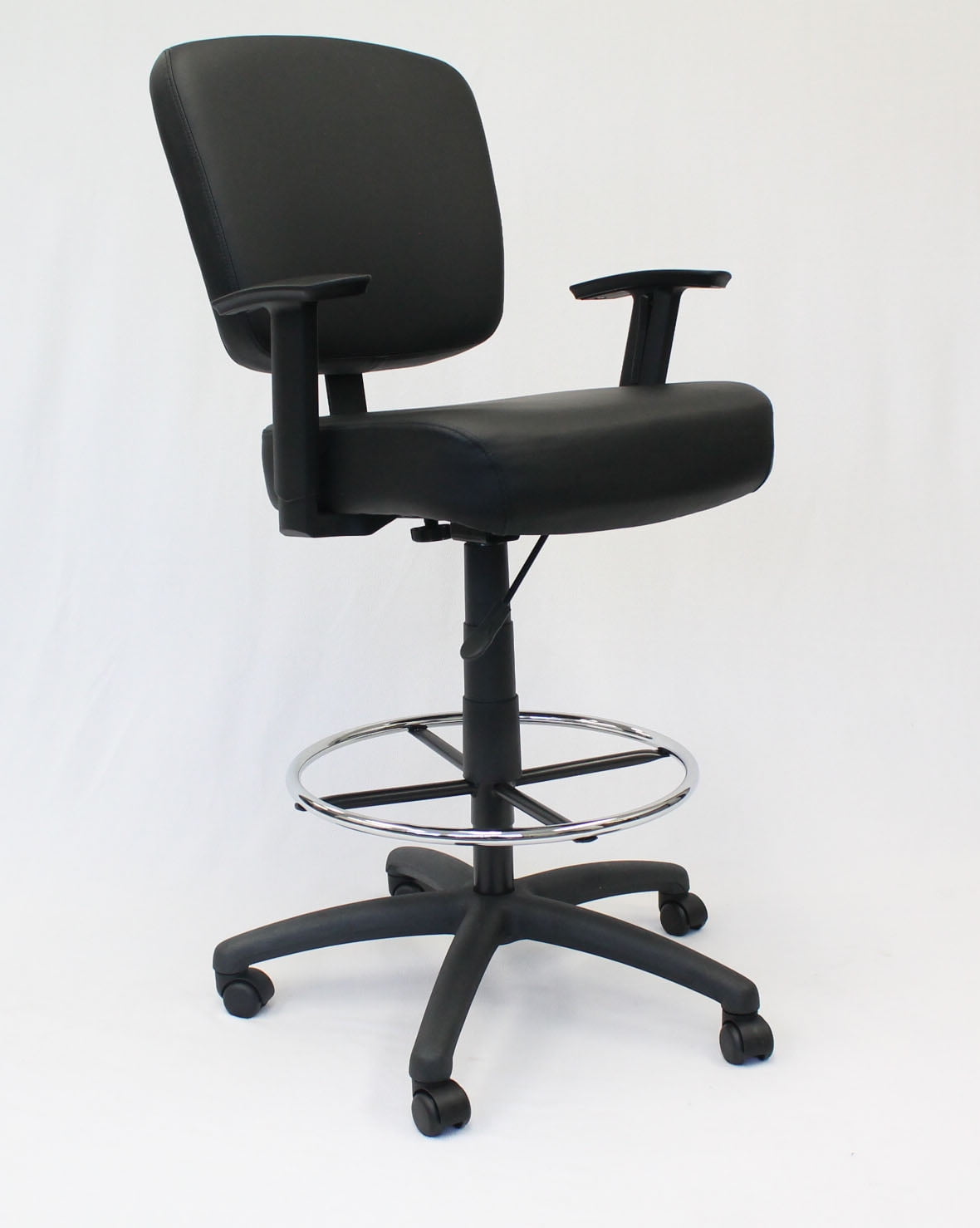 Oversized Black Drafting Stool with Chrome Footring and Adjustable Arms