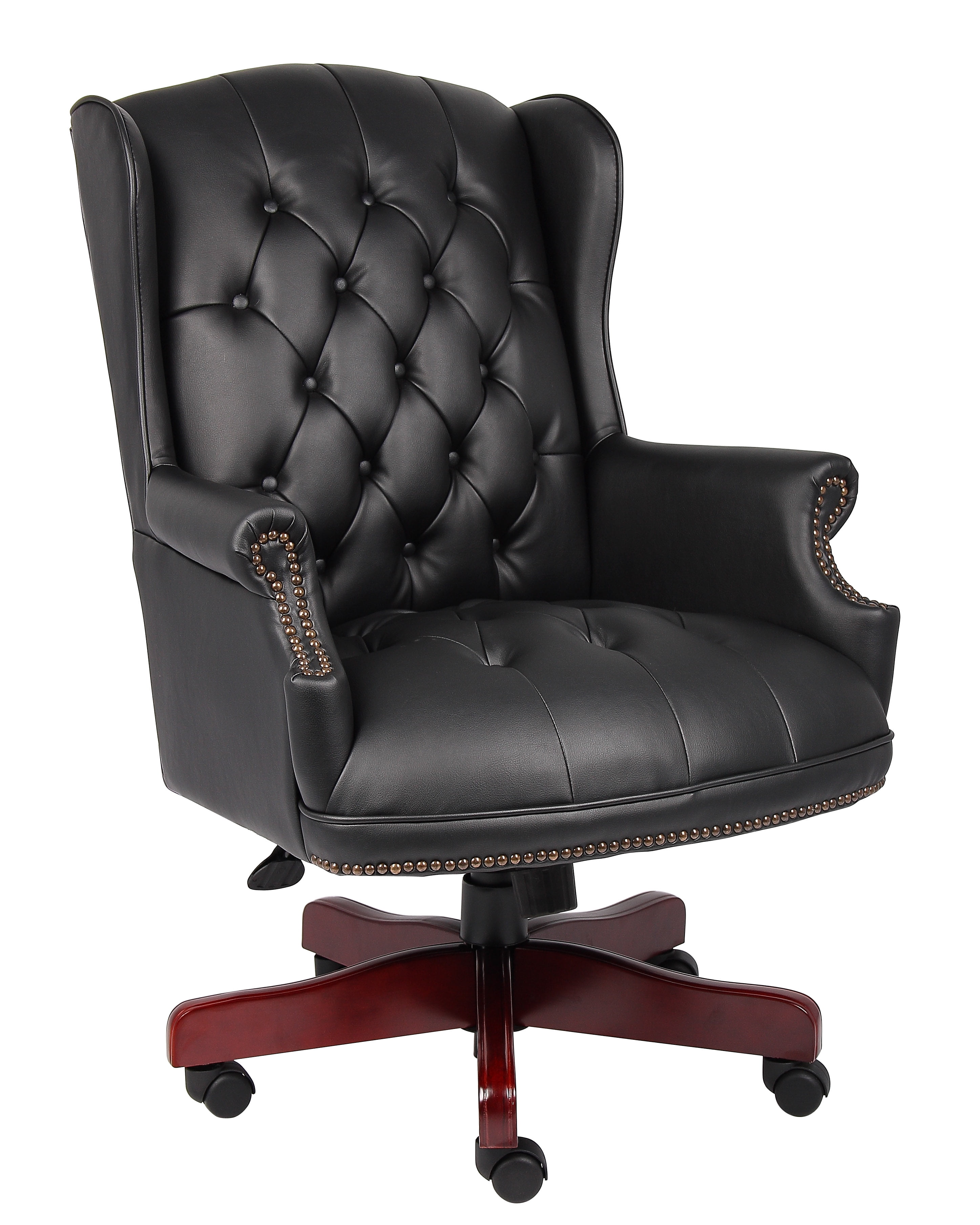 Elegant High-Back Swivel Banker Chair in Black Vinyl and Mahogany Wood