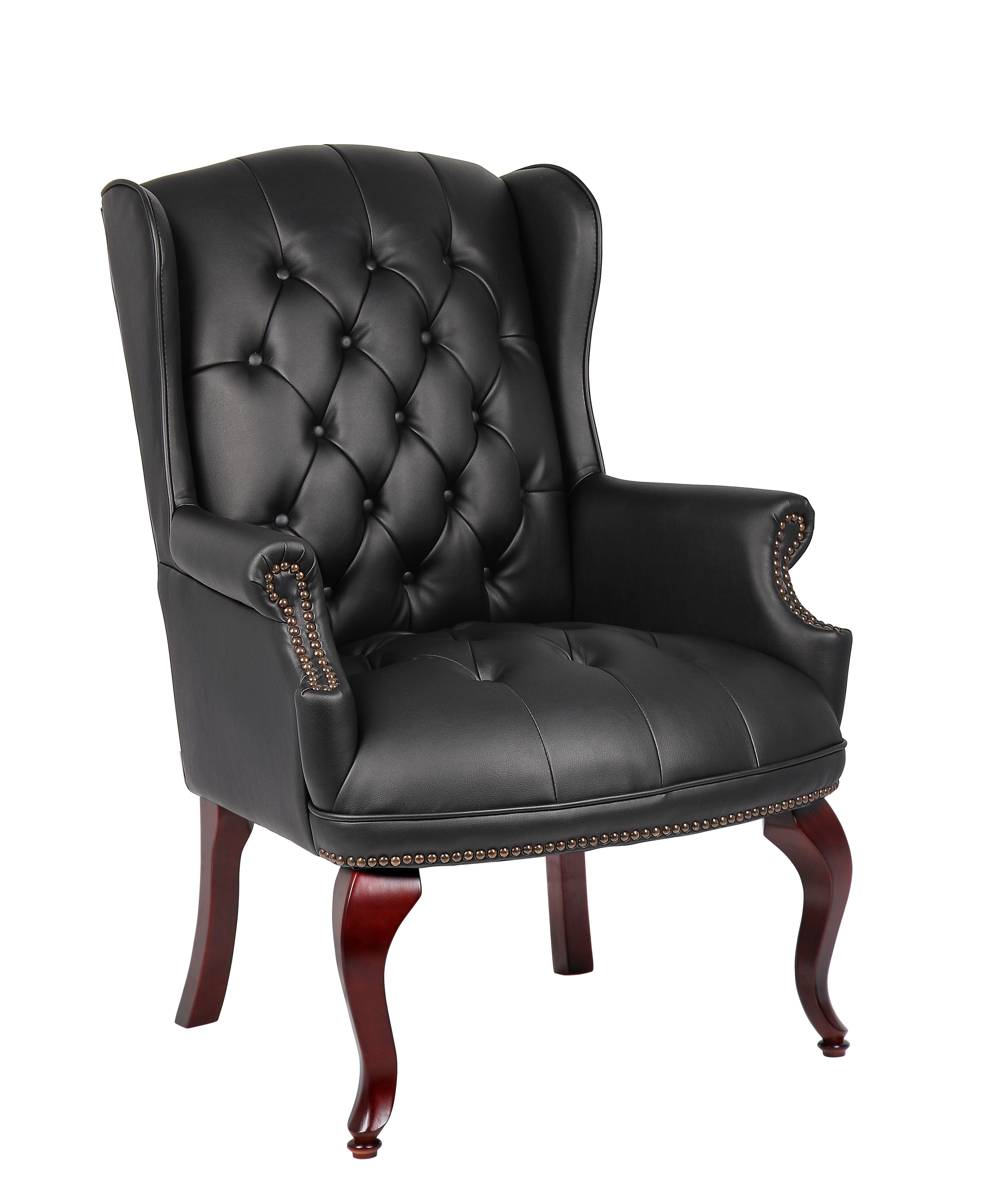 Ergonomic Wingback Vinyl Guest Chair with Mahogany Wood Base - Black
