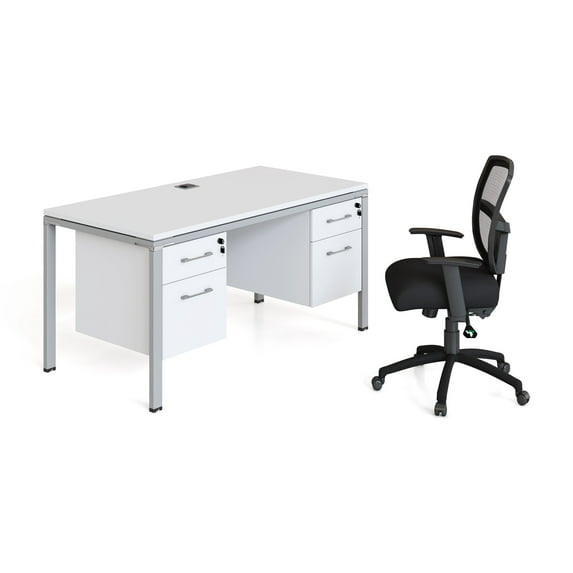 Boss Office Products Simple System 60" x 24" Single Desk with (2) Pedestals in White