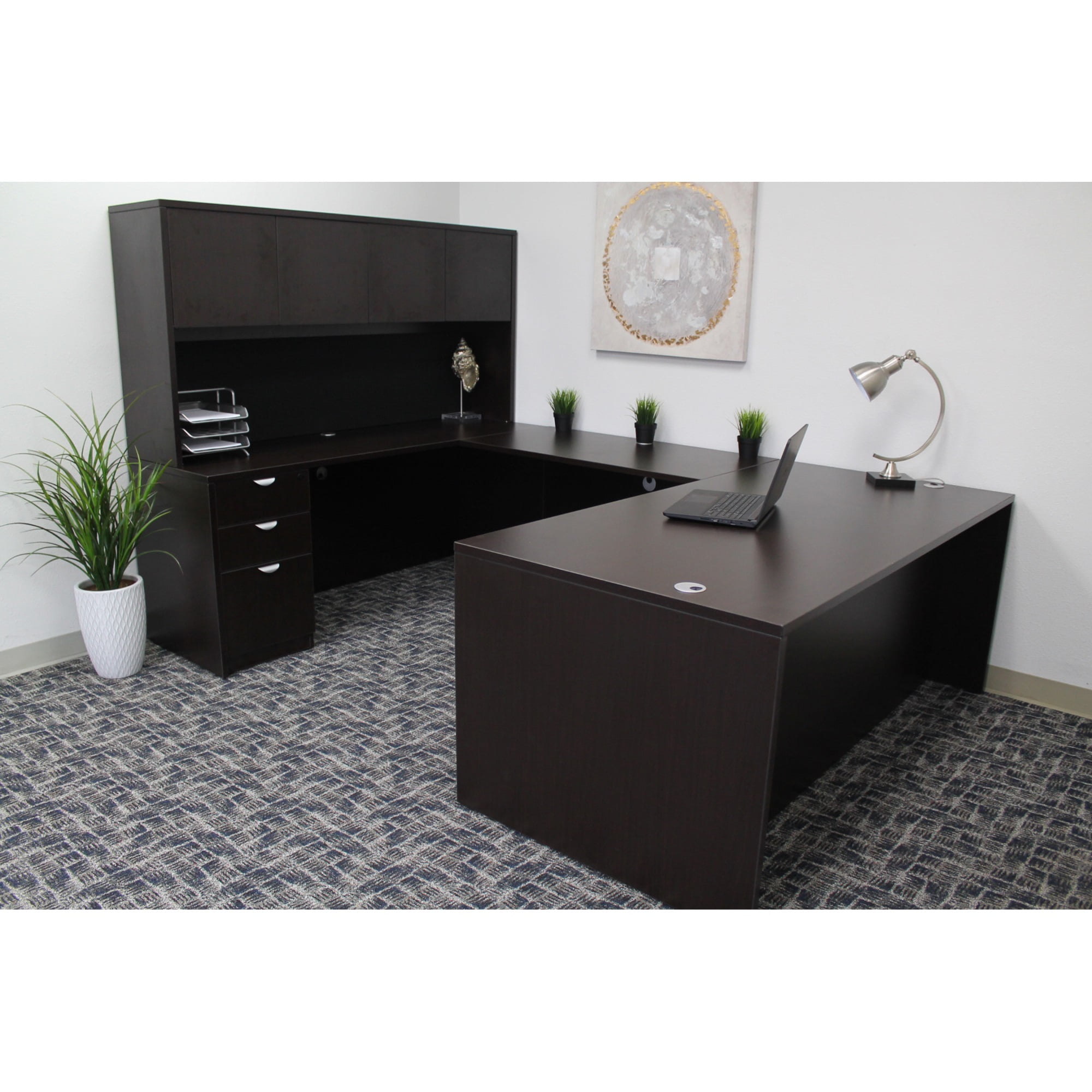 Boss Office Products U-Shape Desk Credenza with Pedestal and Hutch in Mocha