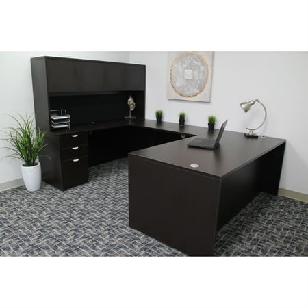 Boss Office Products U-Shape Desk Credenza with Pedestal and Hutch in Mocha