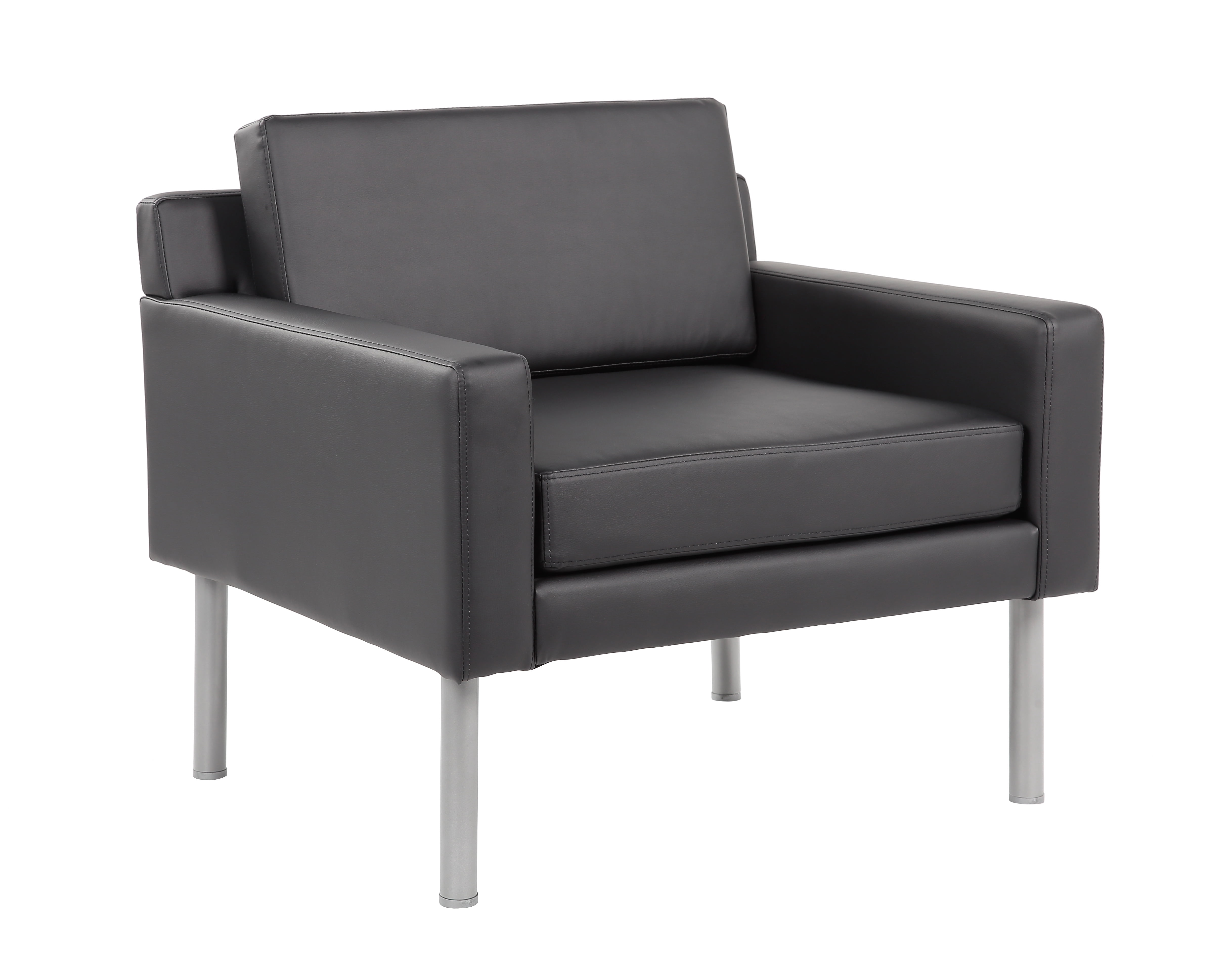 Boss Office Products Vinyl Upholstered Lounge Chair with Brushed Nickel Legs in Black