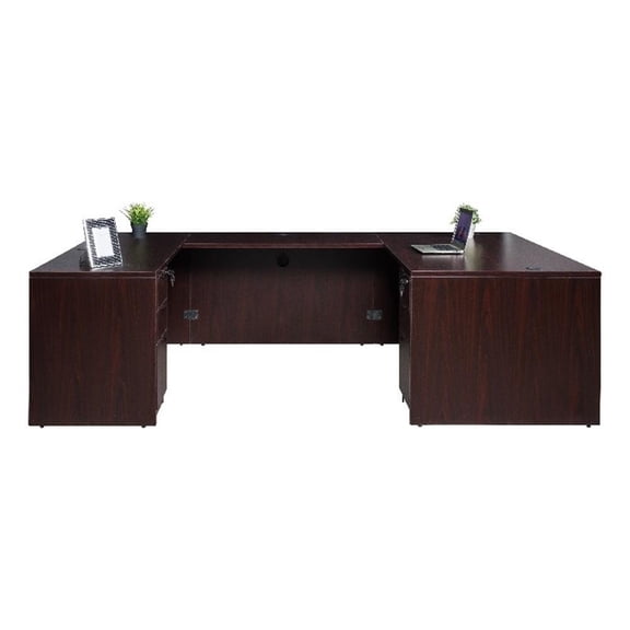 Boss Offie Products 66" U-Shape Desk with 2 File Pedestals in Mahogany