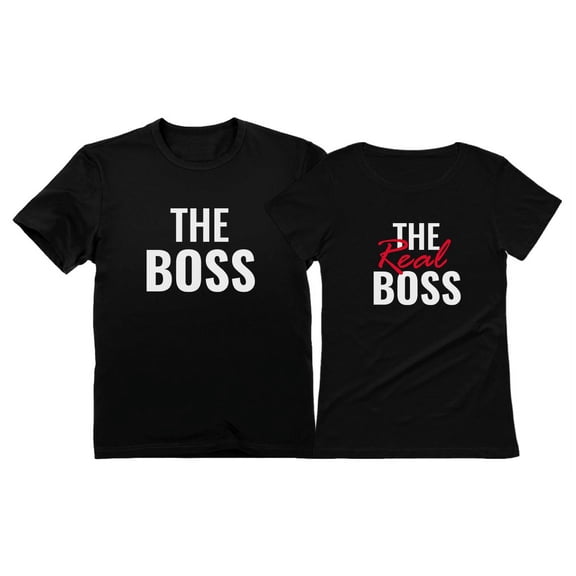 The Boss & The Real Boss Funny Matching T-Shirts - Perfect for Husband & Wife - Great Gift for Couples - Anniversary, Valentine's Day, Christmas Gifts - Black Medium / Women Black Large