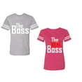 thumbnail image 1 of The Boss The Real Boss Unisex Couple Matching Cotton Jersey style T-Shirt Contrasting stripes on sleeves (Men Heather / Women Pink) (Men XL / Women S), 1 of 3