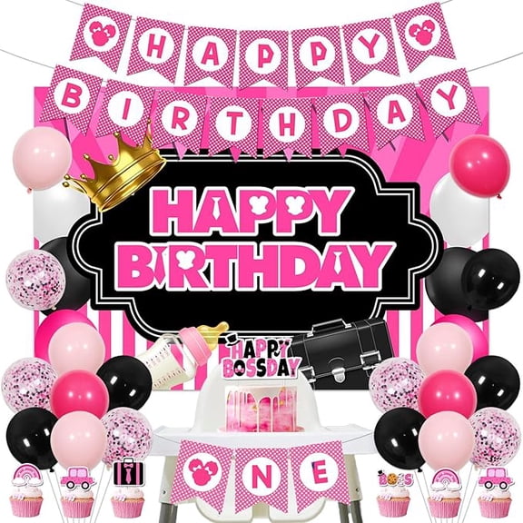 Boss-Themed 1st Birthday Decorations for Baby Girl: Hot Pink 'Happy Birthday' Banners, Backdrop, Cake Topper, Cupcake Toppers, Latex Balloons, High Chair Banner
