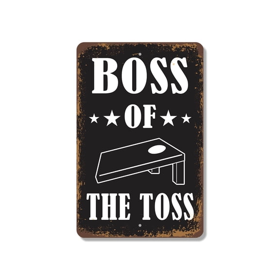 Boss Of The Toss Vintage Style Cornhole 10 Inch x 14 Inch Plastic Sign Sink Aces Not Attitudes Perfect for Patios Tailgates Game Rooms Fun Gift for Cornhole Players Party Hosts Friends