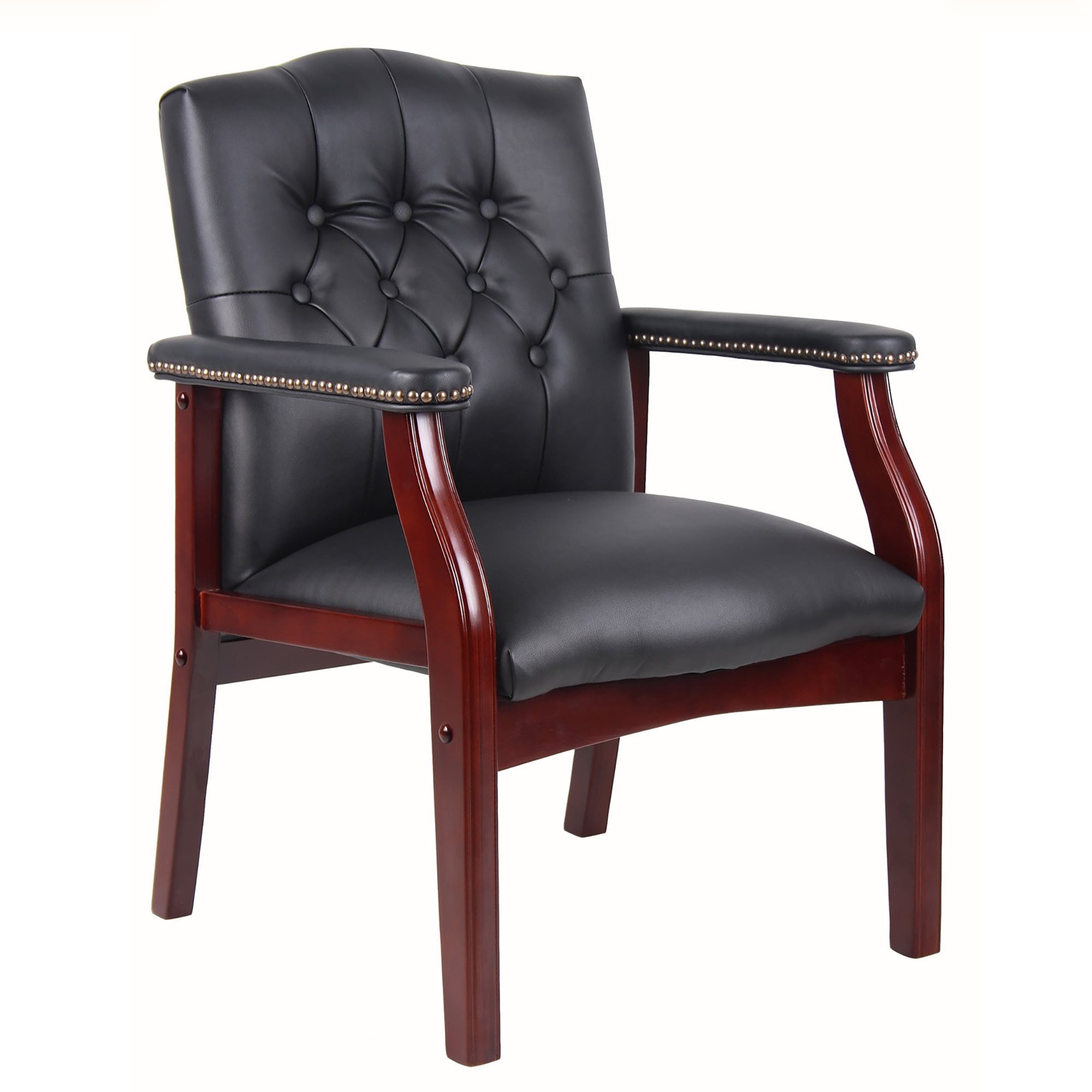 Classic Traditional Button Tufted Black Vinyl Guest Chair with Mahogany Wood Frame