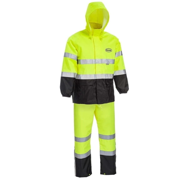 Boss High Visability ANSI Class III Rain Suit Jacket and Bib, High Visability, Water Resistant, Reflective 3M Tape, X-Large (B44530-XLB)