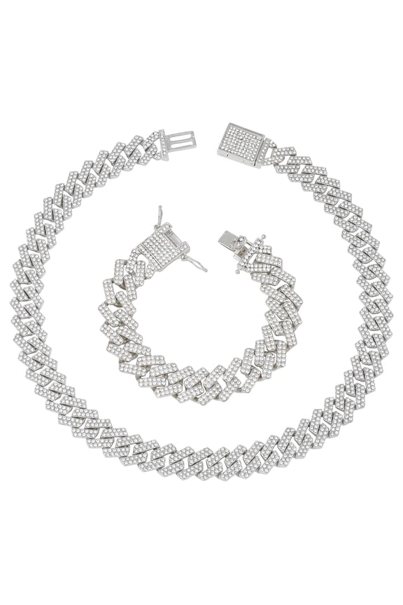 Boss Up and Flex with Bling'ed Out Hip Hop Jewelry - ZZ Miami Cuban Necklace and Bracelet with Unique Lock and Iced Out Diamonds !! The Perfect Drip !! - ZZ SP Lock Silver NB -18" + 9"