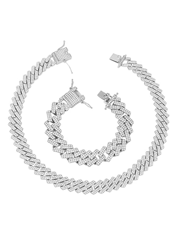 Boss Up and Flex with Bling'ed Out Hip Hop Jewelry - ZZ Miami Cuban Necklace and Bracelet with Unique Lock and Iced Out Diamonds !! The Perfect Drip !! - ZZ SP Lock Silver NB -24" + 9"