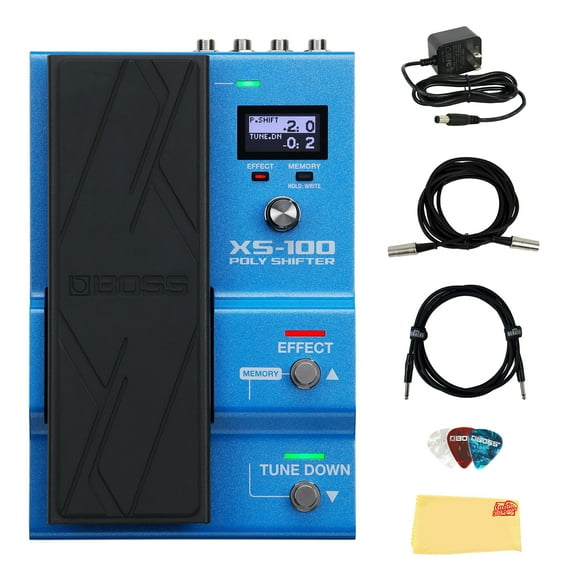 Boss XS-100 Poly Shifter Pedal Bundle with Gearlux Power Supply, Instrument and MIDI Cables, Picks, and Austin Bazaar Polishing Cloth