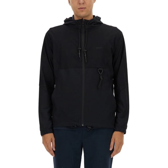 Boss Zip-Up Black Technical Fabric Hooded Sweatshirt (Men's)