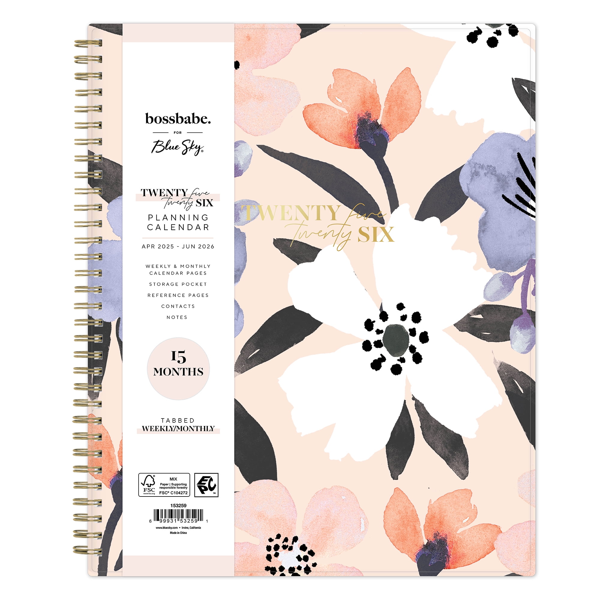 Bossbabe for Blue Sky Monthly Weekly Large (8.5" x 11") Blue White Floral 15-Month (April 2025 - June 2026)