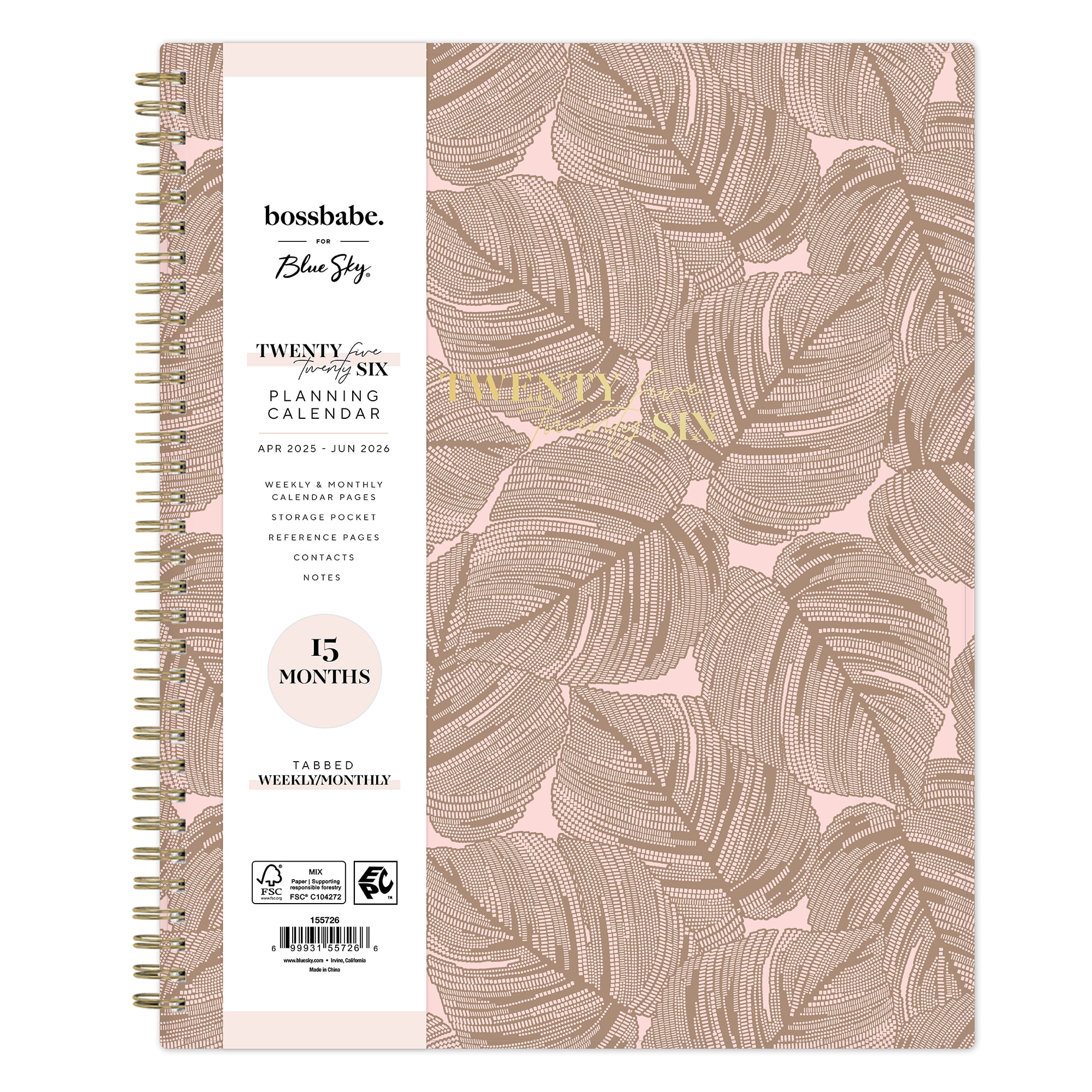 Bossbabe for Blue Sky Monthly Weekly Large (8.5" x 11") Blush Leaves 15-Month (April 2025 - June 2026)