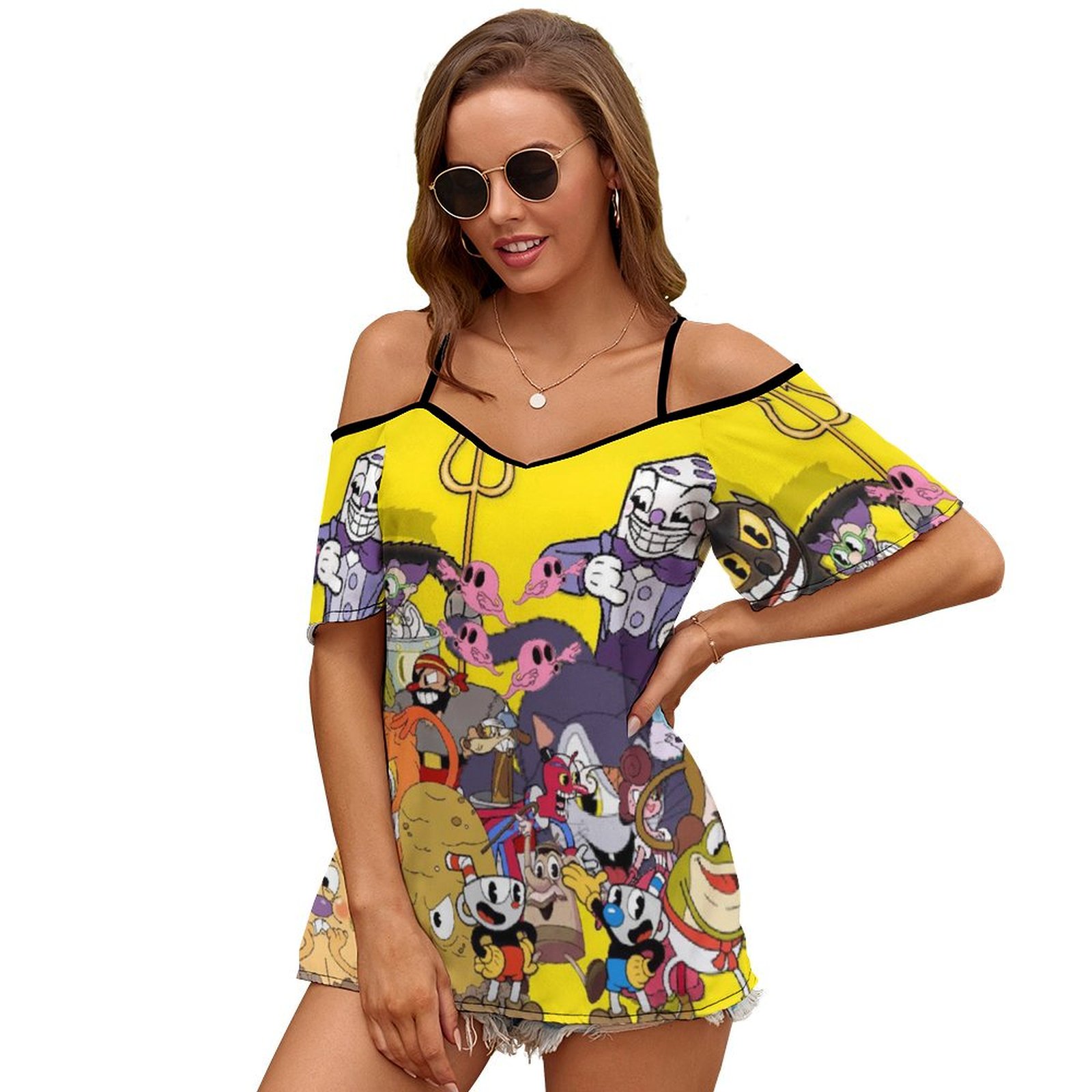 Bosses Cuphead Cold Shoulder T-Shirt For Womens Short Sleeve Off ...