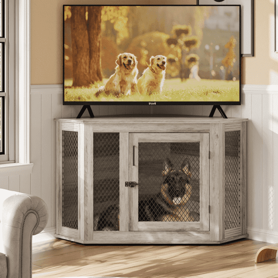 Bossin 44"Corner Dog Crate Furniture，Wooden Dog Kennel Indoor Furniture，Decorative Dog Crate, Dog Kennel TV Stand End Table for Small to Large Dogs