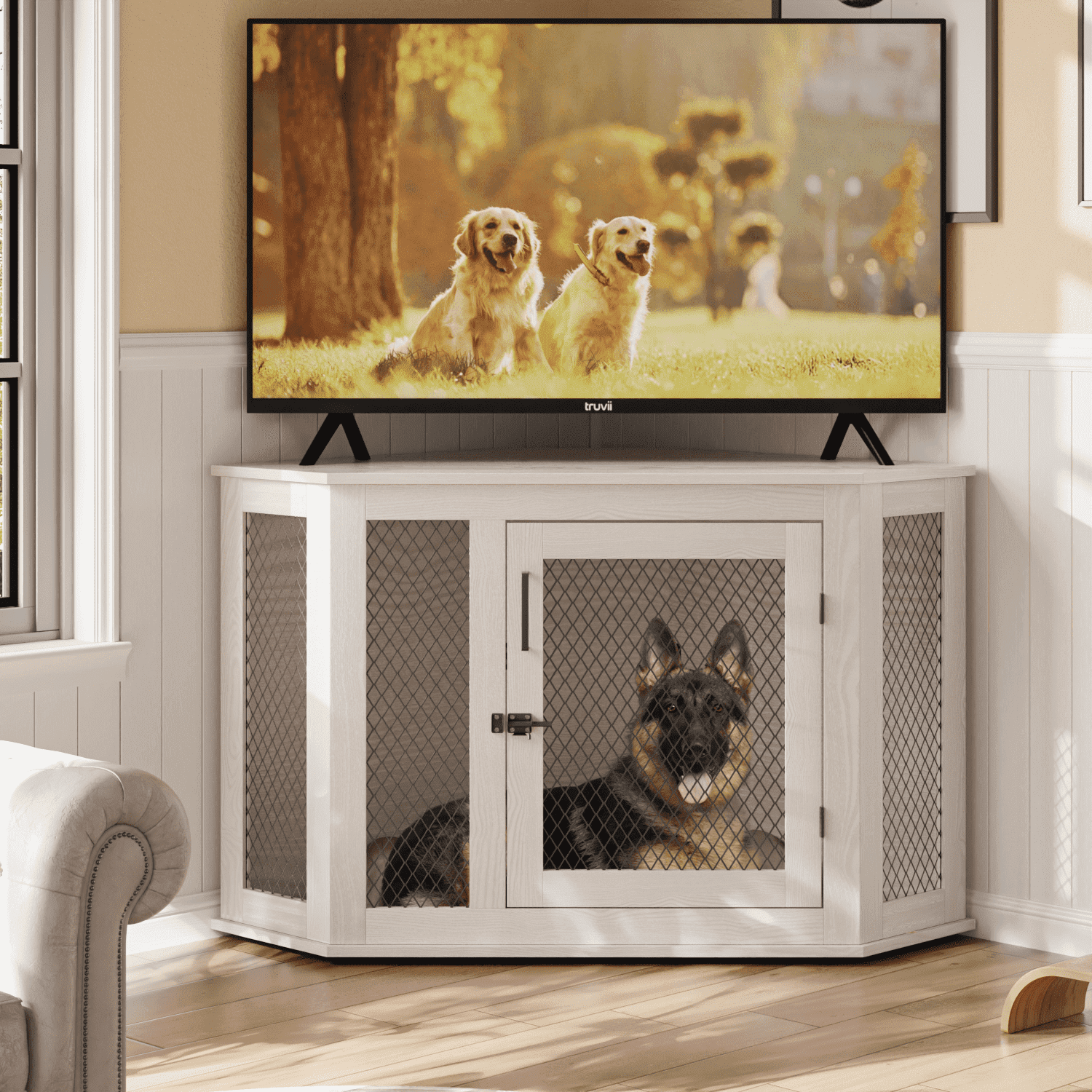 Bossin 44"Corner Dog Crate Furniture，Wooden Dog Kennel Indoor Furniture，Decorative Dog Crate, Dog Kennel TV Stand End Table for Small to Large Dogs
