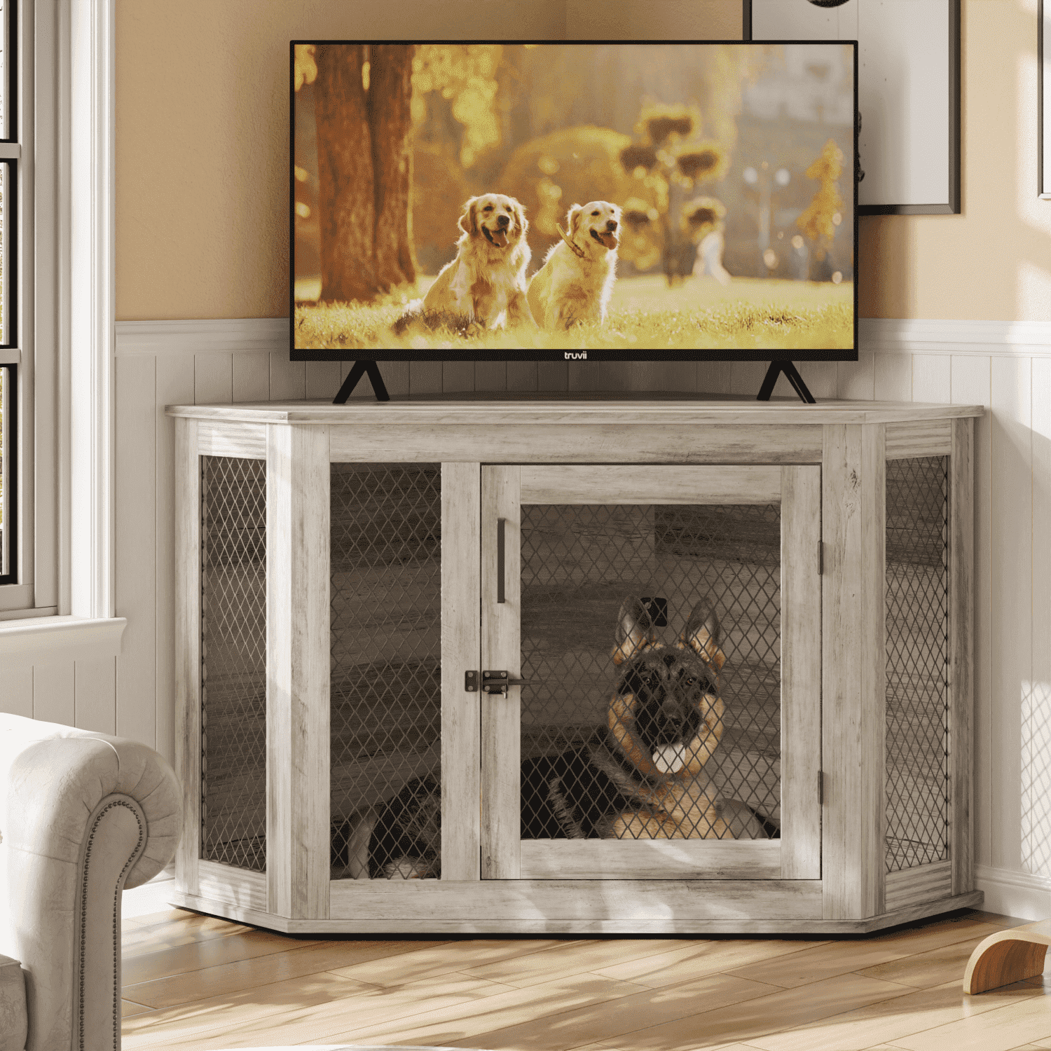 Bossin 52"Corner Dog Crate Furniture，Wooden Dog Kennel Indoor Furniture，Decorative Dog Crate, Dog Kennel TV Stand End Table for Small to Large Dogs