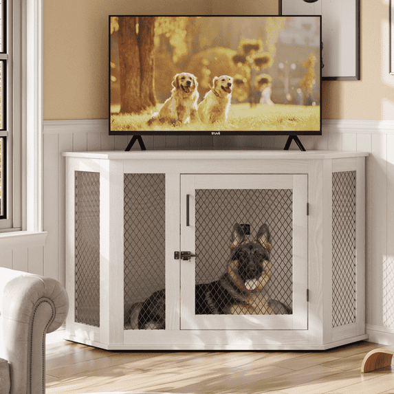 Bossin 52"Corner Dog Crate Furniture,Wooden Dog Kennel Indoor Furniture,Decorative Dog Crate, Dog Kennel TV Stand End Table for Small to Large Dogs