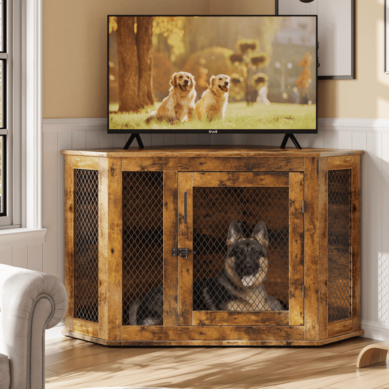 Bossin 52"Corner Dog Crate Furniture，Wooden Dog Kennel Indoor Furniture，Decorative Dog Crate, Dog Kennel TV Stand End Table for Small to Large Dogs