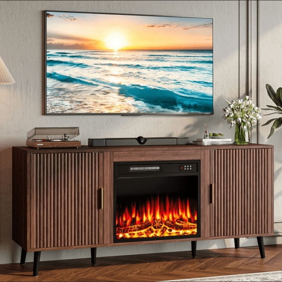 BOSSIN 58" Brown Mid Century Modern TV Stand with Fireplace, Entertainment Center up to 65" TV,Electric Fireplace TV Stand for Living Room