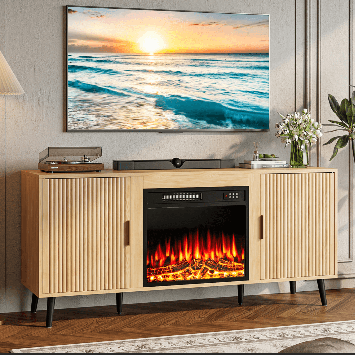 Bossin 58" Wood Mid Century Modern TV Stand with Fireplace, Entertainment Center up to 65" TV,Electric Fireplace TV Stand for Living Room
