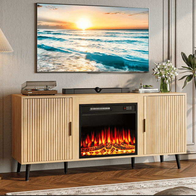 Bossin 58" Wood Mid Century Modern TV Stand with Fireplace, Entertainment Center up to 65" TV,Electric Fireplace TV Stand for Living Room