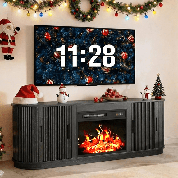 BOSSIN 60" Fireplace TV Stand with Sliding Doors, Mid-Century Modern Entertainment Center with Electric Fireplace & Storage, Black