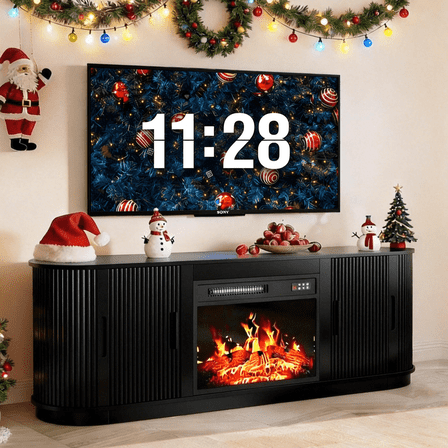 BOSSIN 60" Fireplace TV Stand with Sliding Doors, Mid-Century Modern Entertainment Center with Electric Fireplace & Storage, Black