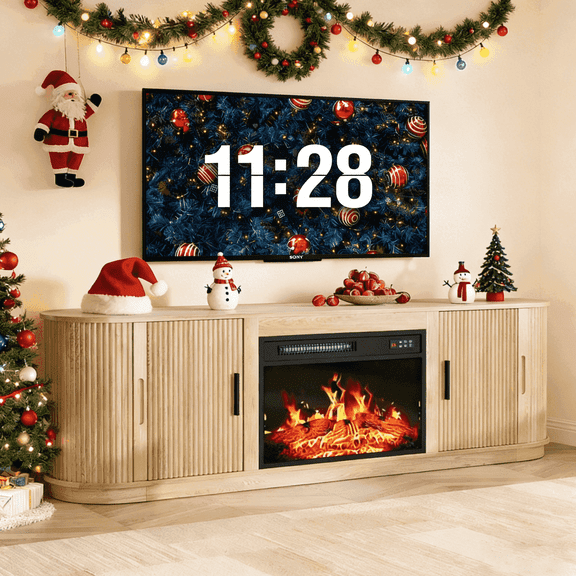 BOSSIN 70" Fireplace TV Stand with Sliding Doors, Mid-Century Modern Entertainment Center with Electric Fireplace & Storage, Oak