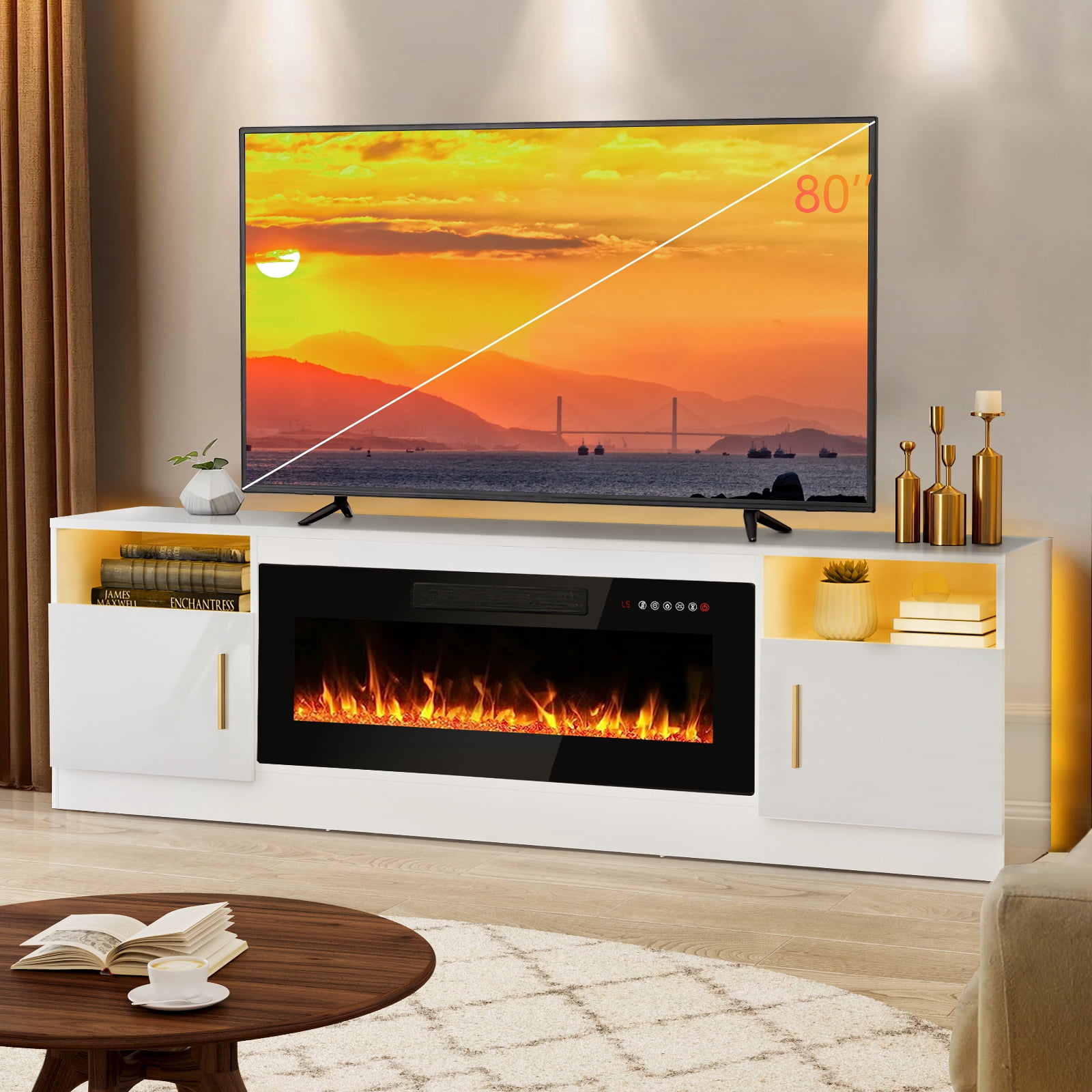Nuvia Electric 70-Inch Fireplace TV Stand With Glass Door Storage Cabinet (SAK58627)