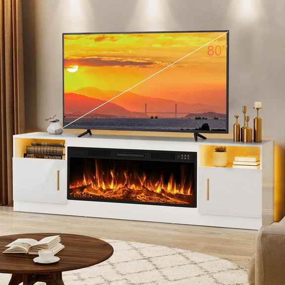 Bossin Fireplace TV Stand with 36 inch Fireplace Up to 80" TVs,LED Light Entertainment Center and Storage, 70" Modern Wood Media TV Console with Highlight Cabinet for Living Room