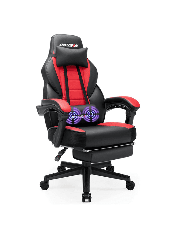 Bossin Gaming Chairs with Footrest, Massage Leather Game Chair for Adults, Big and Tall Gamer Chair with Headrest and Lumbar Support