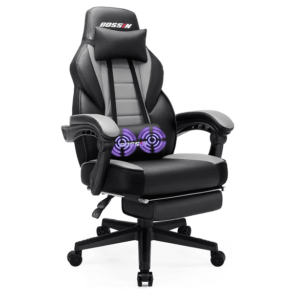 Bossin Gaming Chairs with Footrest,Massage Leather Game Chair for Adults,Big and Tall Gamer Chair with Headrest and Lumbar Support