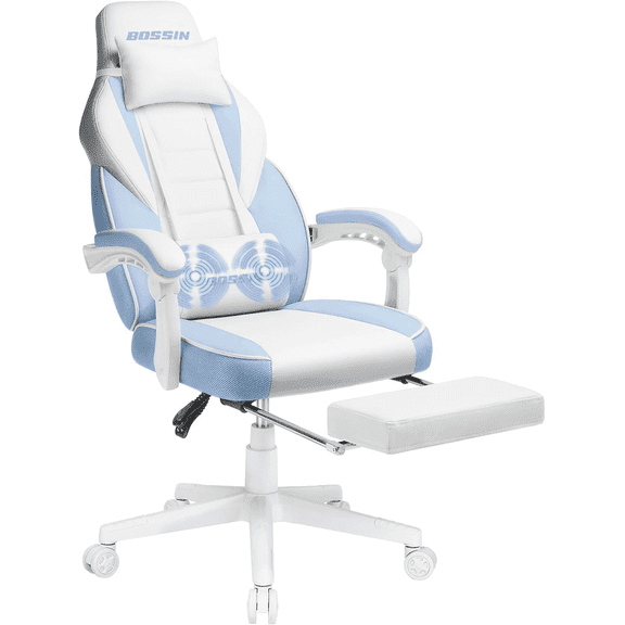 Bossin Gaming Chairs with Footrest,Massage Leather Game Chair for Adults,Big and Tall Gamer Chair with Headrest and Lumbar Support