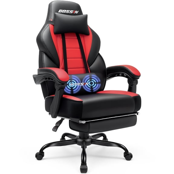 Bossin Gaming Chairs with Footrest, Massage Leather Game Chair for Adults, Big and Tall Gamer Chair with Headrest and Lumbar Support