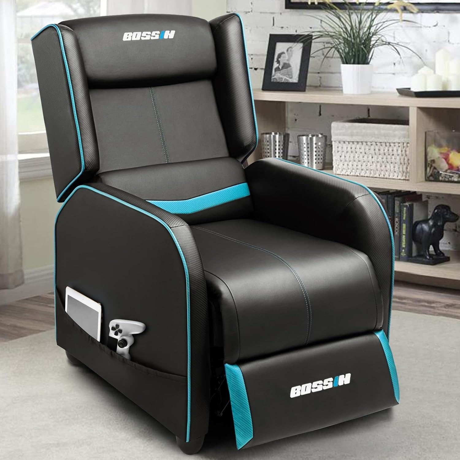 Bossin Black and Teal PU Leather Ergonomic Gaming Recliner Sofa