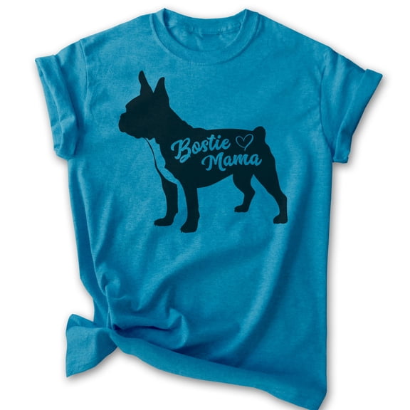Bostie Mama T-shirt, Unisex Women's Shirt, Boston Terrier Owner, Best Dog Mom Gift, Heather Blue, Medium