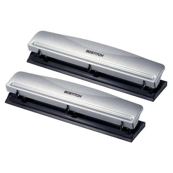 Bostitch 3 Hole Punch, 12 Sheet Capacity, Metal, Silver, 2-Pack