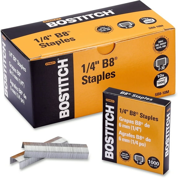 Bostitch Office B8 PowerCrown Staples, 0.25 Inches, 10,000 Total in 10 Separate 1,000 Count Boxes