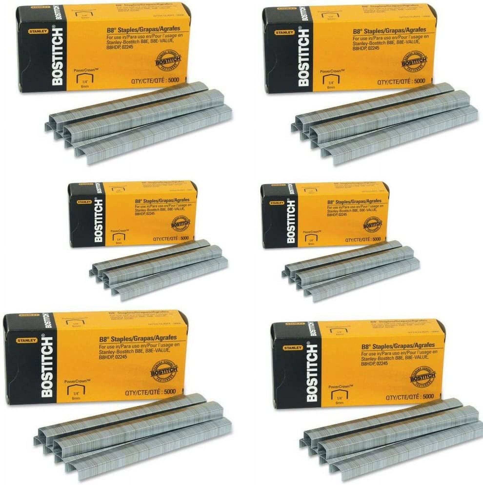 Bostitch B8 PowerCrown Premium Staples, 1/4" Leg Length, 5000 Count Boxes (Pack of 6)