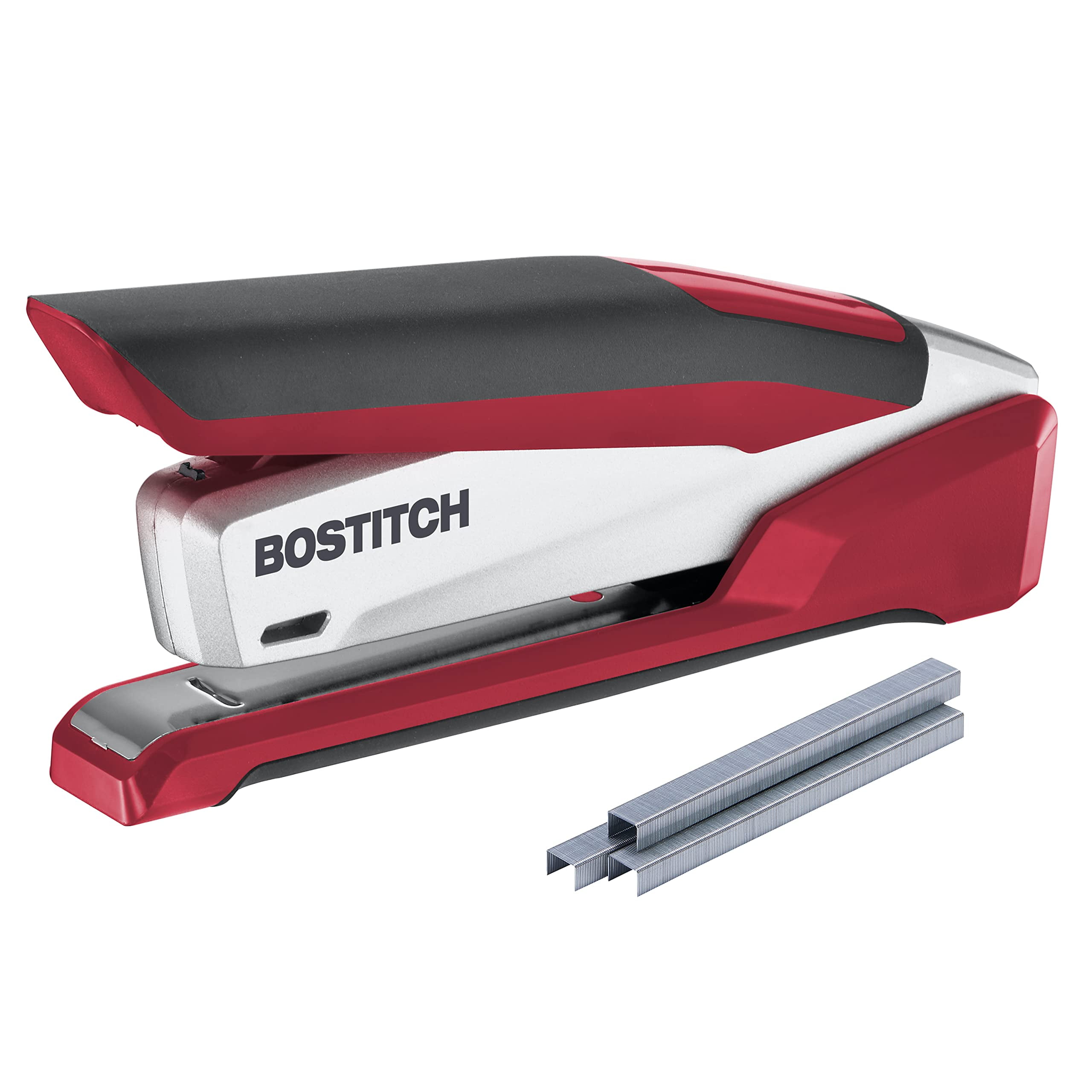 Bostitch Office InPower Spring-Powered Premium Desktop Stapler - One Finger, No Effort, Red/Silver (1117)