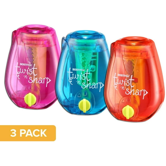 Bostitch Office Twist-N-Sharp Manual Pencil Sharpener, Single Hole, 3-Pack